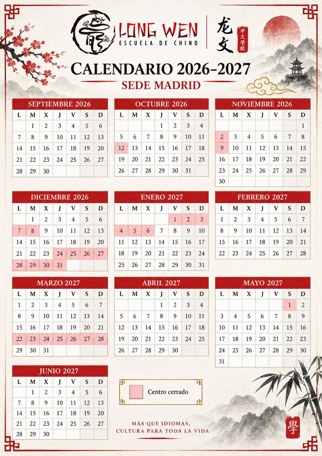 Calendario escolar Longwen 2026–2027 de la sede Madrid, de septiembre a junio, con los días de cierre marcados en rosa.