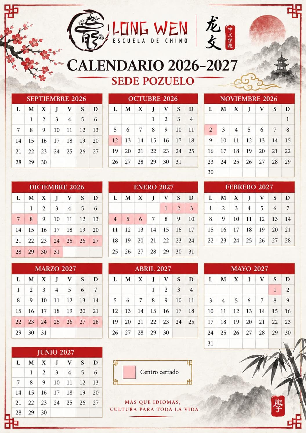 Calendario escolar Longwen 2026–2027 de la sede Pozuelo, de septiembre a junio, con los días de cierre marcados en rosa.